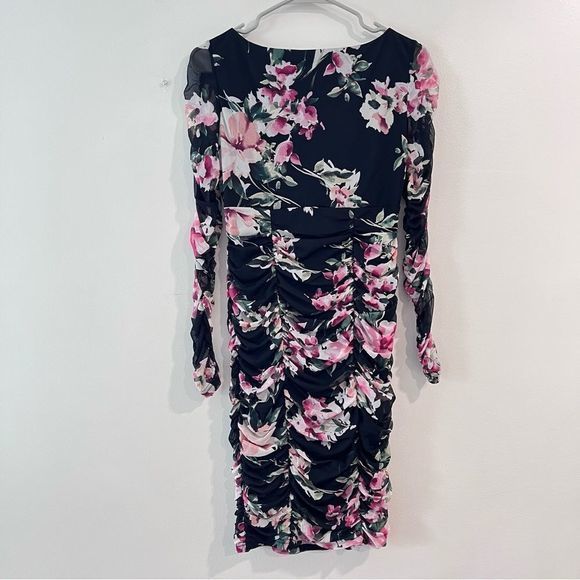 Lulus Ayana‎ Black Pink Floral Ruched Mesh Bodycon Dress SMALL - Picture 9 of 14
